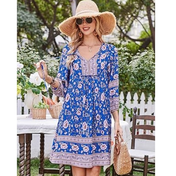 Bluetime Dresses & Skirts - NWT Bluetime Summer Dress Boho V Neck 3/4 Sleeve Babydoll Floral Viscose Sz XL